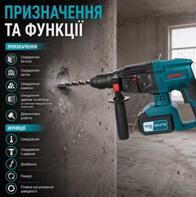 Перфоратор акумуляторний BOXER SR-083 24 В 2 акумулятори 4 А·год SDS Plus 2,1 Дж три режими зі свердлильним патроном і кейсом - Фото 2 Перфоратор акумуляторний BOXER SR-083 24 В 2 акумулятори 4 А·год SDS Plus 2,1 Дж три режими зі свердлильним патроном і кейсом - зображення 2