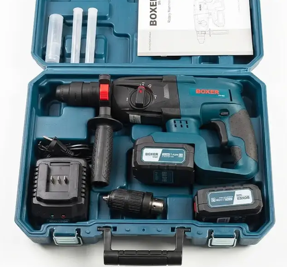Перфоратор акумуляторний BOXER SR-083 24 В 2 акумулятори 4 А·год SDS Plus 2,1 Дж три режими зі свердлильним патроном і кейсом - Фото 9 Перфоратор акумуляторний BOXER SR-083 24 В 2 акумулятори 4 А·год SDS Plus 2,1 Дж три режими зі свердлильним патроном і кейсом - зображення 9