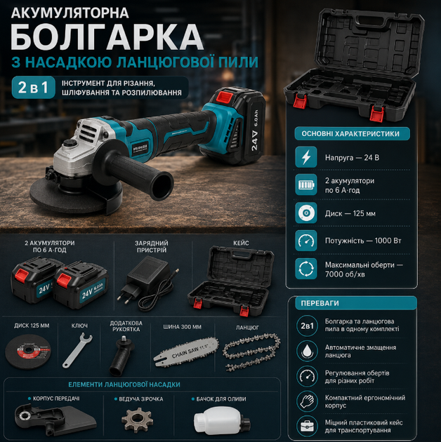 Аккумуляторная угловая шлифмашина 24V 6Ah с двумя аккумуляторами насадкой цепной пилы диском 125 мм пластиковым кейсом - изображение 2