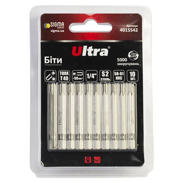 Біти TORX 40х50 мм S2 ¼" 10 шт ULTRA - Фото 1 Біти TORX 40х50 мм S2 ¼" 10 шт ULTRA - зображення 1