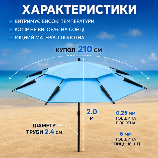 Большой пляжный зонт 210 см двойной купол регулировка наклона и высоты для пляжа кемпинга рыбалки Голубой - изображение 5