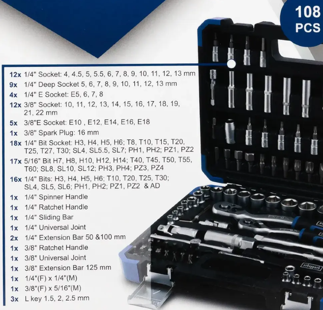 Набір інструменту комбінований 108 пр. 1/4", 3/8" (6-гр.) (4-22 мм) | 60771 | Scheppach - Фото 5 Набір інструменту комбінований 108 пр. 1/4", 3/8" (6-гр.) (4-22 мм) | 60771 | Scheppach - изображение 5