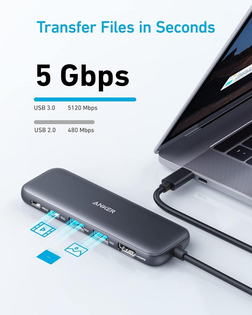 Хаб 5в1 Anker 332 USB-C Hub полнофункциональный компактный USB-разветвитель с поддержкой быстрой зарядки, передачи файлов и видео - изображение 5