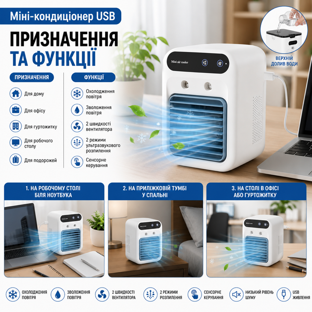 Міні кондиціонер портативний настільний USB для дому офісу зволожувач повітря вентилятор 2 в 1 білий - зображення 3