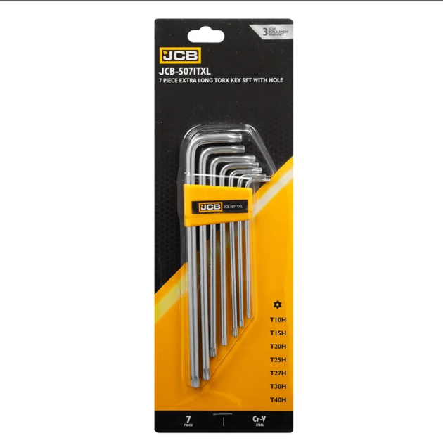 Набір Г-подібних ключів TORX екстра довгих з отвором, 7 пр. - JCB