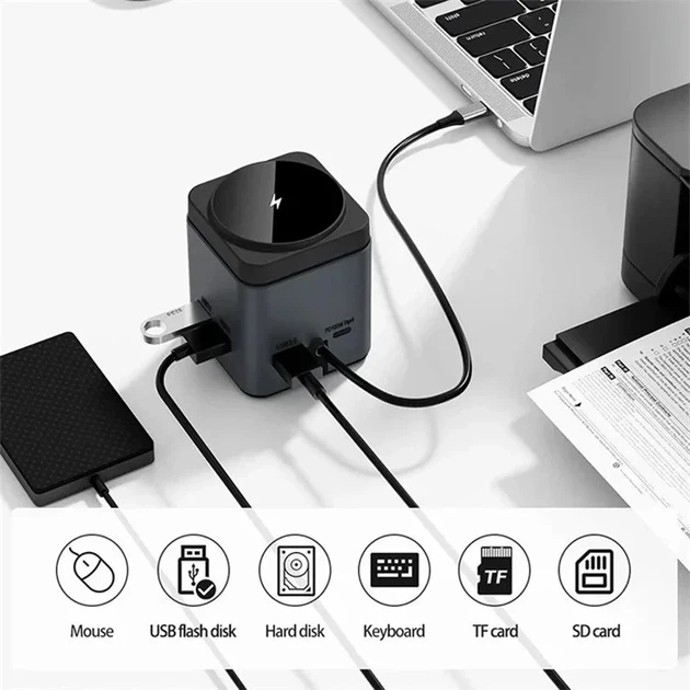 БЗУ + HUB WIWU Wi-W025 Cube 9in1 USB-C 64,5x65,4x79,5 мм алюміній сірий - зображення 4