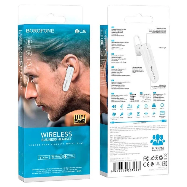 Bluetooth гарнитура Borofone BC36 Lucky моно 62х14х21 мм ABS пластик белая - изображение 4