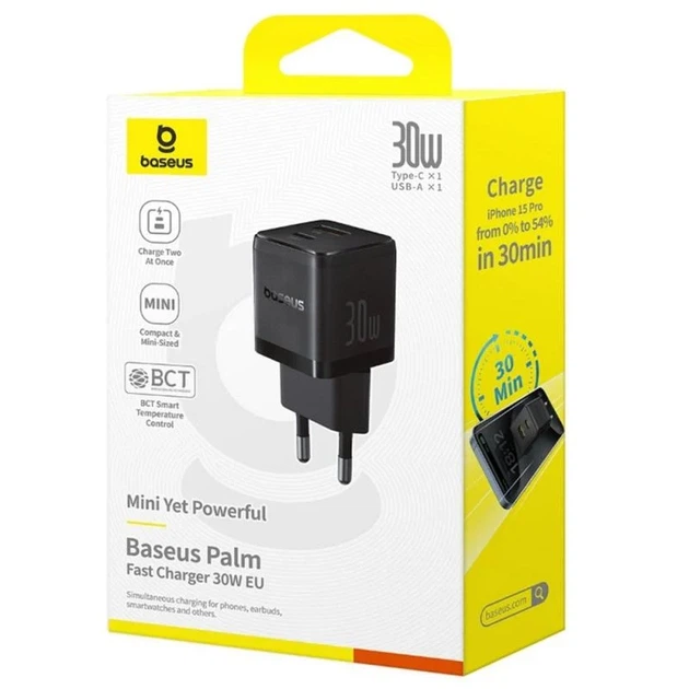 СЗУ Baseus Palm Fast Charger 30W 1USB-A 1C ABS-пластик Cluster Black - Фото 6 СЗУ Baseus Palm Fast Charger 30W 1USB-A 1C ABS-пластик Cluster Black - зображення 6