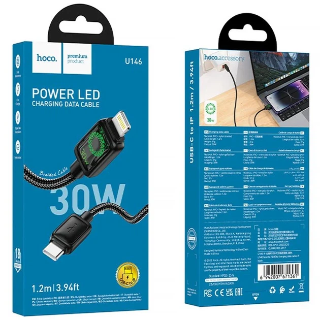 Дата кабель Hoco U146 Type-C to Lightning 30W 1.2m PVC Чорний - Фото 2 Дата кабель Hoco U146 Type-C to Lightning 30W 1.2m PVC Чорний - зображення 2