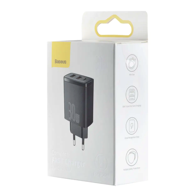 Зарядний пристрій Baseus Compact Quick Charger 30 W з двома USB і USB-C для швидкого заряджання смартфонів і планшетів - Фото 2 Зарядний пристрій Baseus Compact Quick Charger 30 W з двома USB і USB-C для швидкого заряджання смартфонів і планшетів - зображення 2