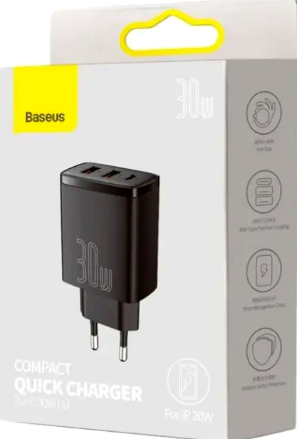 Зарядний пристрій Baseus Compact Quick Charger 30 W з двома USB і USB-C для швидкого заряджання смартфонів і планшетів - Фото 3 Зарядний пристрій Baseus Compact Quick Charger 30 W з двома USB і USB-C для швидкого заряджання смартфонів і планшетів - зображення 3