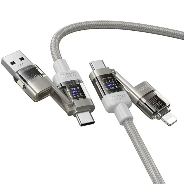 Дата кабель Hoco U151 4in1 Type-C to USB/Lightning 240W плетений 1.2м сірий - Фото 2 Дата кабель Hoco U151 4in1 Type-C to USB/Lightning 240W плетений 1.2м сірий - зображення 2