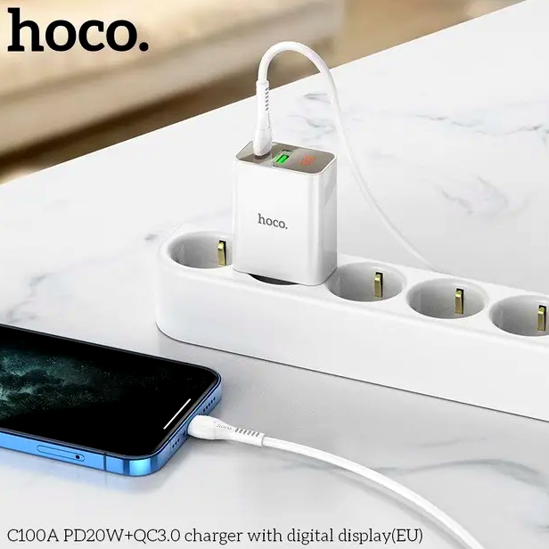 Мережевий зарядний пристрій Hoco C100A PD20W QC3.0 для смартфонів і ґаджетів із цифровим дисплеєм два порти білі - зображення 6