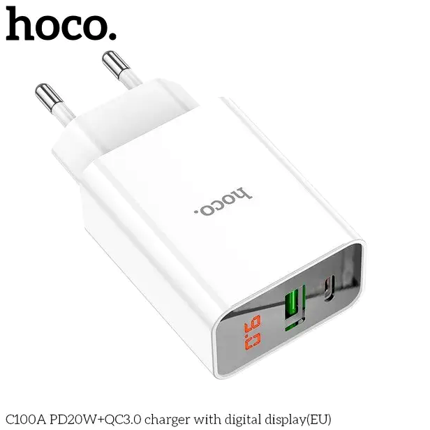 Мережевий зарядний пристрій Hoco C100A PD20W QC3.0 для смартфонів і ґаджетів із цифровим дисплеєм два порти білі - зображення 7