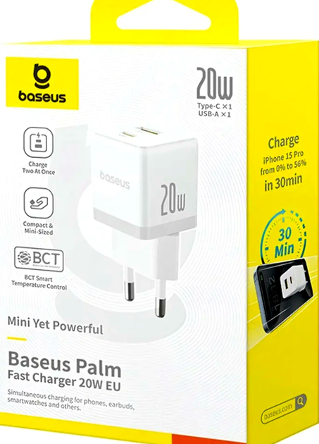 Мережевий зарядний пристрій Baseus Palm Fast Charger 20 W для смартфонів і планшетів із двома портами USB Type-C і USB-A - Фото 3 Мережевий зарядний пристрій Baseus Palm Fast Charger 20 W для смартфонів і планшетів із двома портами USB Type-C і USB-A - зображення 3
