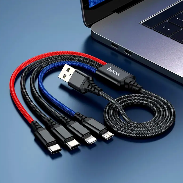 Кабель Hoco X76 4 в 1 для зарядки устройств с Lightning Type-C Micro USB черный 2А 1м - Фото 6 Кабель Hoco X76 4 в 1 для зарядки устройств с Lightning Type-C Micro USB черный 2А 1м - изображение 6