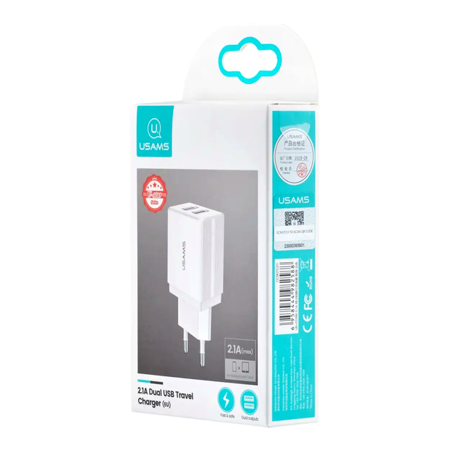 Сетевое зарядное устройство USAMS CC090 T24 2.1A двойное USB для быстрой зарядки смартфонов и планшетов белое - изображение 2