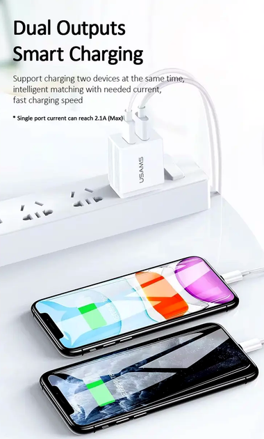 Сетевое зарядное устройство USAMS CC090 T24 2.1A двойное USB для быстрой зарядки смартфонов и планшетов белое - изображение 5