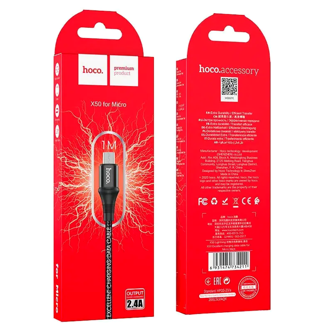 Кабель Hoco X50 Micro USB для зарядки и передачи данных с током 2.4A длиной 1м черный - Фото 3 Кабель Hoco X50 Micro USB для зарядки и передачи данных с током 2.4A длиной 1м черный - изображение 3