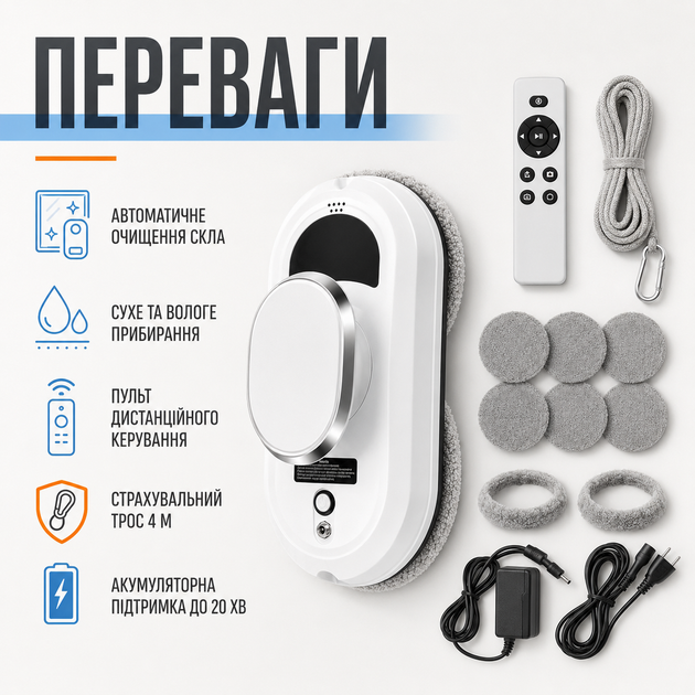 Автоматический робот для мойки окон Glass Cleaning Robot с пультом управления для стекла, зеркал и витрин, белый - изображение 4