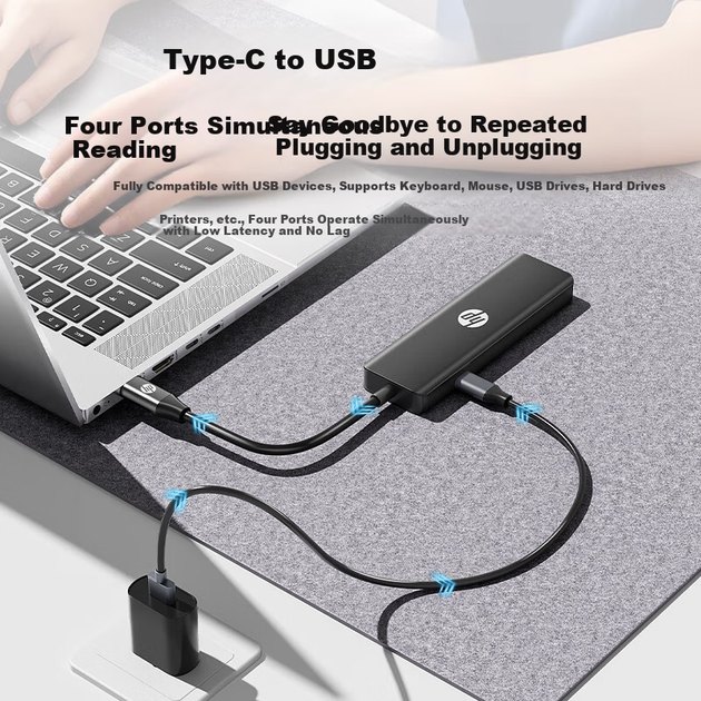 Док-станція HP Type-C - USB-хаб, високошвидкісний розгалужувач 3.0, розширювальний кабель-подовжувач для док-станції Apple, адаптера та USB-кабелю CT210, чорний - зображення 6