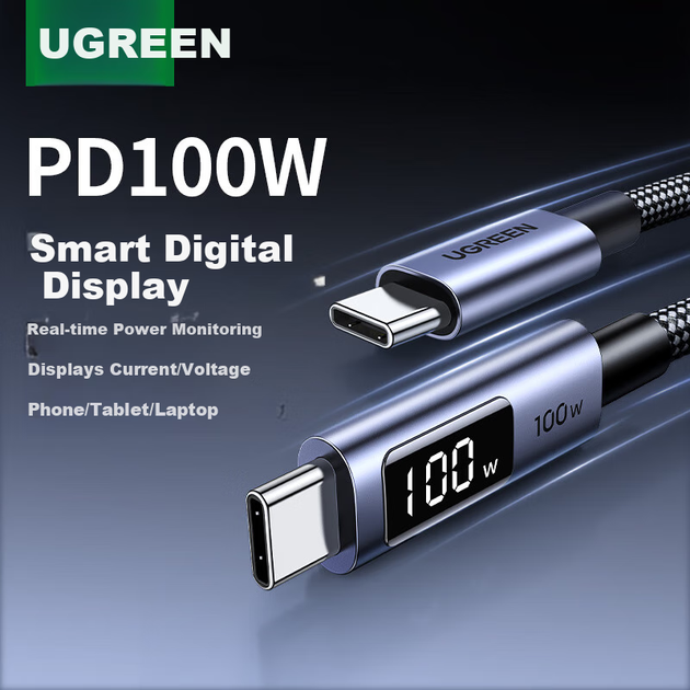 Кабель UGREEN Type-C - Type-C з цифровим дисплеєм PD 100 Вт, 1 м - зображення 2