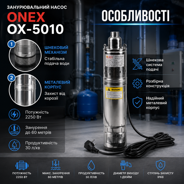 Насос погружной шнековый ONEX OX 5010 2250 Вт 30 л мин погружение 60 м для скважины колодца и водоснабжения - Фото 3 Насос погружной шнековый ONEX OX 5010 2250 Вт 30 л мин погружение 60 м для скважины колодца и водоснабжения - изображение 3