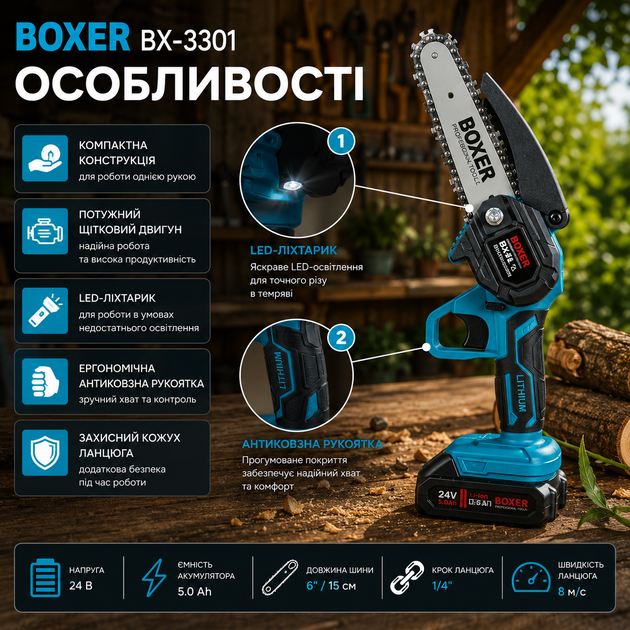 Аккумуляторная цепная пила Boxer BX3301 21 В 2 аккумулятора шина 15 см мини пила для обрезки деревьев веток и дров - Фото 2 Аккумуляторная цепная пила Boxer BX3301 21 В 2 аккумулятора шина 15 см мини пила для обрезки деревьев веток и дров - изображение 2