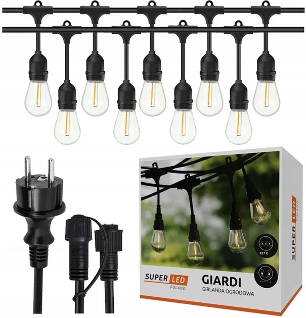 Садовая гирлянда 10 м с 10 LED-лампами E27 теплого белого света IP44 черная - Фото 1 Садовая гирлянда 10 м с 10 LED-лампами E27 теплого белого света IP44 черная - изображение 1