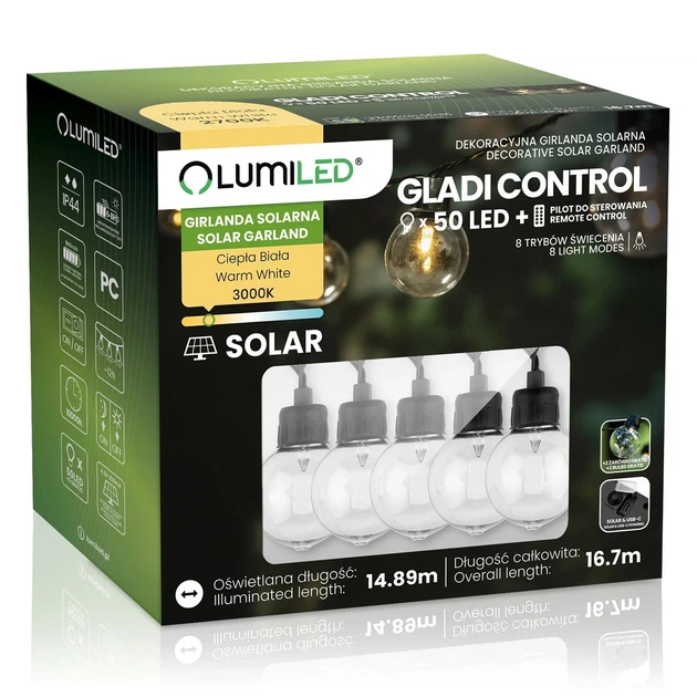 Солнечная LED гирлянда Lumiled GLADI CONTROL 50 фонариков 16,7 м теплый свет 3000K пластик IP44 - изображение 2