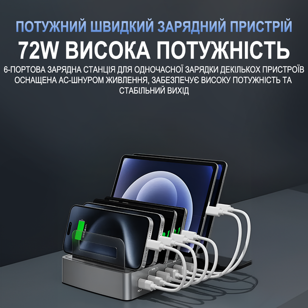 Багатопортова зарядна док - станція з органайзером Addap MCS-H881, 72W, на 6 портів, USB, Type-C PD, QC - Фото 8 Багатопортова зарядна док - станція з органайзером Addap MCS-H881, 72W, на 6 портів, USB, Type-C PD, QC - изображение 8