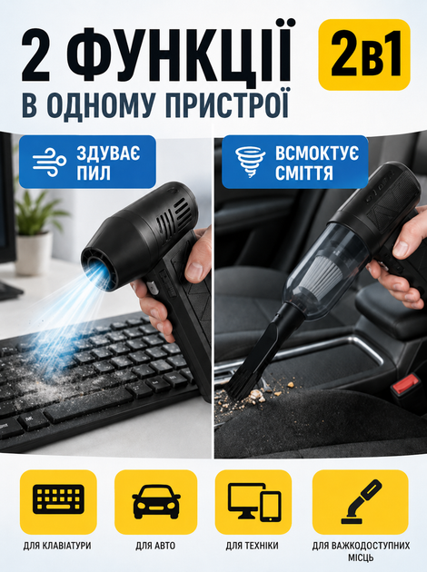 Турбовентилятор воздуходувка аккумуляторная воздуходувка для чистки ПК авто аккумуляторная воздуходув воздуходув мини выдуватель воздуха беспроводной вентилятор турбо с фонариком черный 2в1OnePro 74063 - изображение 2
