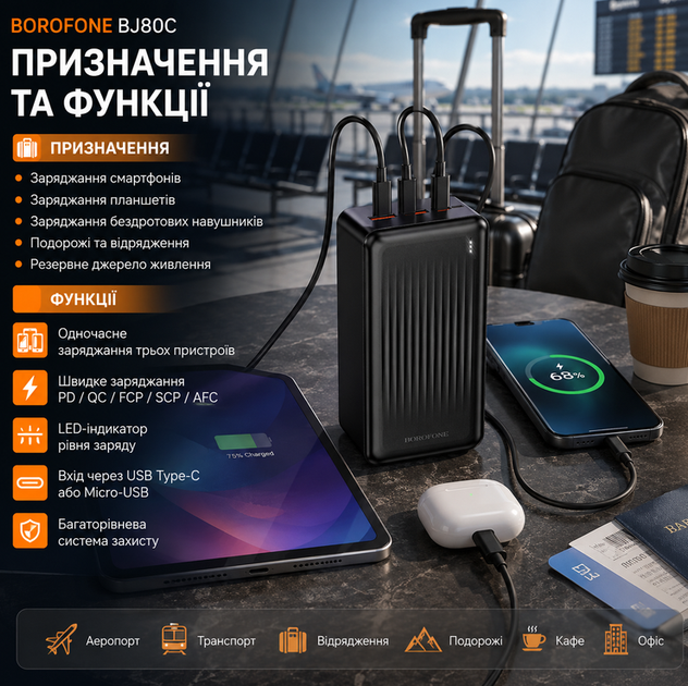 Павербанк BOROFONE BJ80C 50000mAh 22.5W PD QC з USB Type C LED індикатором чорний - зображення 4
