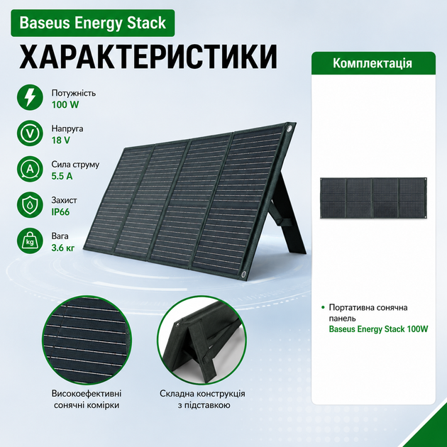 Солнечная панель портативная Baseus Energy Stack 100W 18V 5.5A складная IP66 для зарядной станции - изображение 3