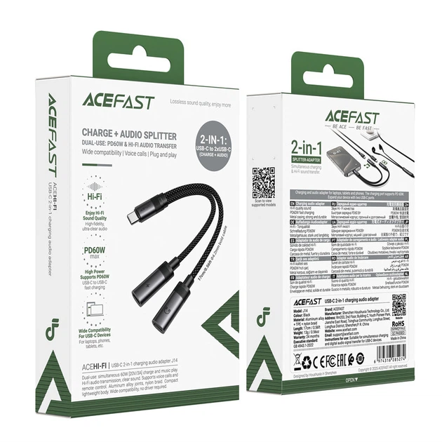 Аудиокабель ACEFAST J14 USB-C 2-in-1 charging audio adapter Black - Фото 2 Аудиокабель ACEFAST J14 USB-C 2-in-1 charging audio adapter Black - изображение 2