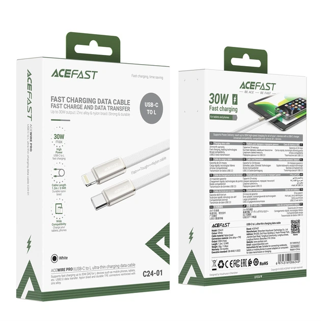Кабель ACEFAST C24-01, USB to iP, 30W, 1.2m, Braided wire, Zinc alloy + TPE connectors, Білий - Фото 2 Кабель ACEFAST C24-01, USB to iP, 30W, 1.2m, Braided wire, Zinc alloy + TPE connectors, Білий - изображение 2