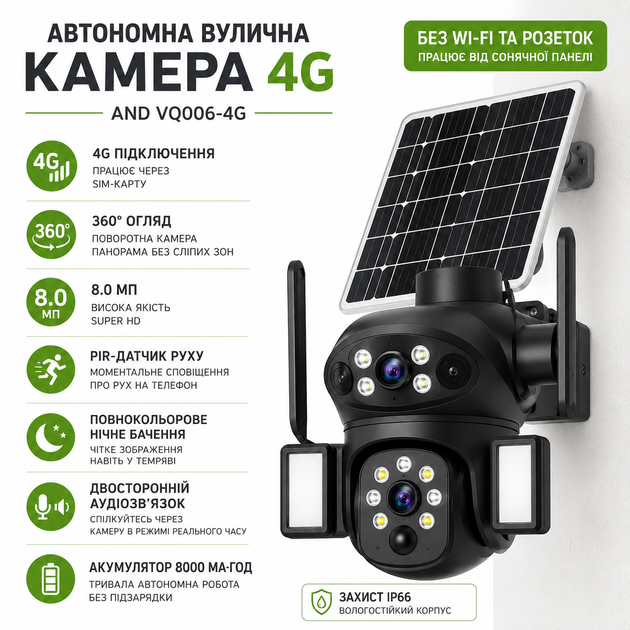 Камера відеоспостереження вулична з сонячною панеллю 4G 360°Поворотна камера з нічним баченням - Фото 1 Камера відеоспостереження вулична з сонячною панеллю 4G 360°Поворотна камера з нічним баченням - зображення 1
