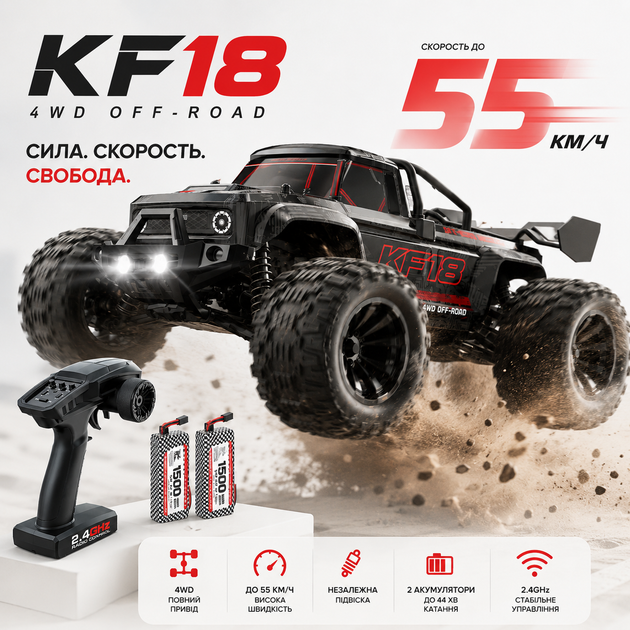 Радиоуправляемая машинка KF18 4WD 1:14, до 55 км/ч, аккумулятор 7.4V 1500 mAh 2 АКБ - Фото 10 Радиоуправляемая машинка KF18 4WD 1:14, до 55 км/ч, аккумулятор 7.4V 1500 mAh 2 АКБ - изображение 10