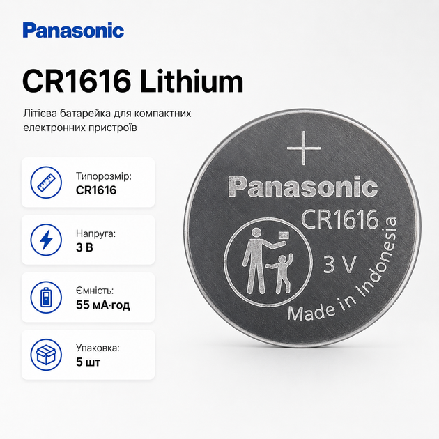 Батарейка Panasonic CR1616 3V 55 мАч Lithium в упаковке 5 шт (CR-1616/5BE) - Фото 1 Батарейка Panasonic CR1616 3V 55 мАч Lithium в упаковке 5 шт (CR-1616/5BE) - изображение 1