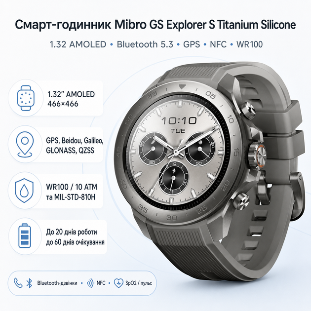 Смарт-годинник Mibro GS Explorer S 1,32" AMOLED Bluetooth 5.3 GPS NFC WR100 Titanium із силіконовим ремінцем (XPAW023TS) - зображення 2
