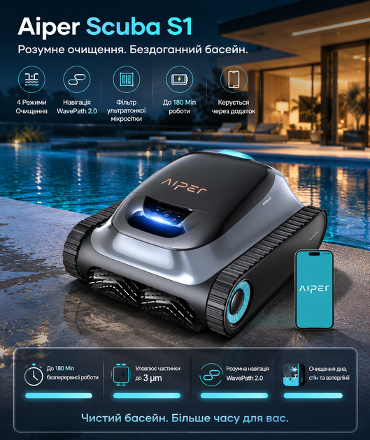 Робот-пылесос для бассейна аккумуляторный AIPER Scuba N1/S1, гусеничный (дно, стены, ватерлиния) до 150м2 - Фото 1 Робот-пылесос для бассейна аккумуляторный AIPER Scuba N1/S1, гусеничный (дно, стены, ватерлиния) до 150м2 - изображение 1