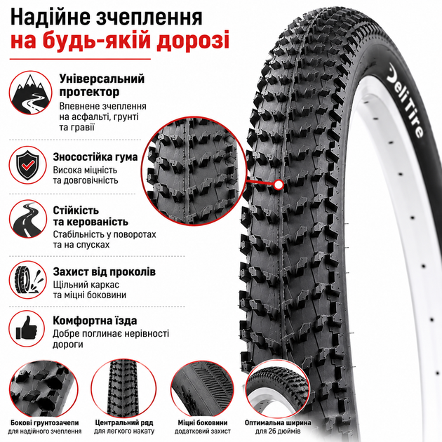 Покришка Deli Tire 26x2.10 для велосипеда MTB 54-559, універсальна велосипедна шина, Індонезія - Фото 1 Покришка Deli Tire 26x2.10 для велосипеда MTB 54-559, універсальна велосипедна шина, Індонезія - зображення 1