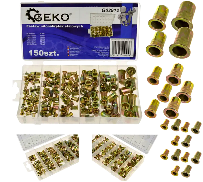 Заклепочные гайки стальные M3 M4 M5 M6 M8 M10 150 шт. Geko HE0520 - Фото 2 Заклепочные гайки стальные M3 M4 M5 M6 M8 M10 150 шт. Geko HE0520 - изображение 2