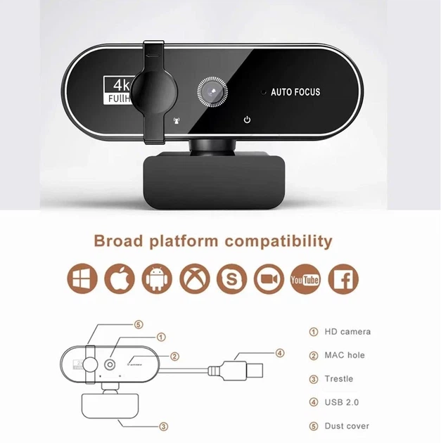 Веб-камера 4K 3840×2160 Автофокус, Мікрофон, Plug and Play USB зі шторкою безпеки - зображення 3