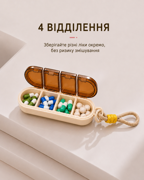 Таблетница на 4 отделения с силиконовым уплотнителем и шнурком — Портативный герметичный органайзер для таблеток, витаминов и БАДов (Бежевый / Коричневый) - Фото 2 Таблетница на 4 отделения с силиконовым уплотнителем и шнурком — Портативный герметичный органайзер для таблеток, витаминов и БАДов (Бежевый / Коричневый) - изображение 2