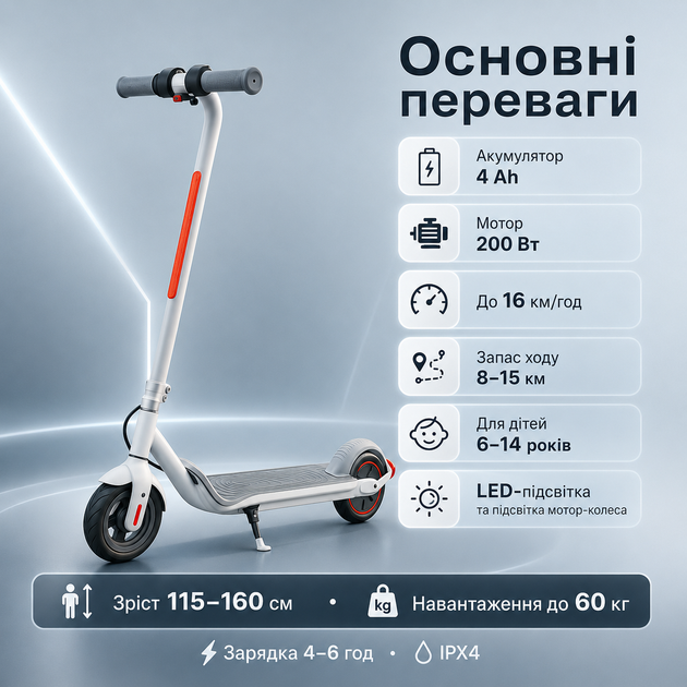 Дитячий електросамокат YAR SPORT PRO-1 для дітей від 6 років c LED підсвічуванням 4 AH сірий - Фото 2 Дитячий електросамокат YAR SPORT PRO-1 для дітей від 6 років c LED підсвічуванням 4 AH сірий - зображення 2