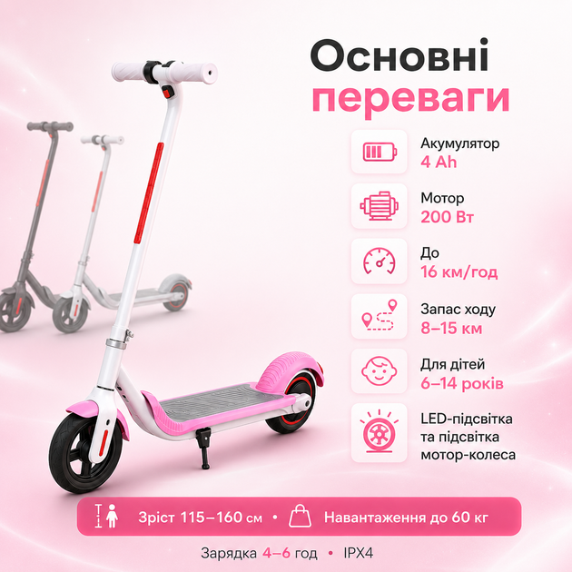Дитячий електросамокат YAR SPORT PRO-1 для дітей від 6 років c LED підсвічуванням 4 AH рожевий - Фото 2 Дитячий електросамокат YAR SPORT PRO-1 для дітей від 6 років c LED підсвічуванням 4 AH рожевий - изображение 2