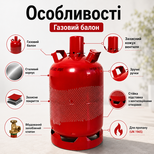 Газовый баллон 27 л для пропана, стальной резервуар вместимостью 11 кг с предохранительным клапаном, защитным кожухом вентиля, рабочим давлением 30 бар, для бытового и профессионального использования, красный - Фото 4 Газовый баллон 27 л для пропана, стальной резервуар вместимостью 11 кг с предохранительным клапаном, защитным кожухом вентиля, рабочим давлением 30 бар, для бытового и профессионального использования, красный - изображение 4