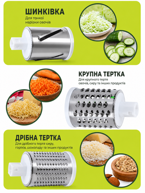Овочерізка ручна Kitchen Master 3 в 1 з насадками, мультислайсер, механічна терка, шинковка для овочів і фруктів, зелена - зображення 2
