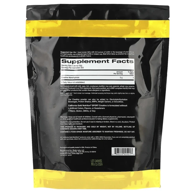 Моногідрат креатину California Gold Nutrition (Sport Creatine Monohydrate) 1 кг з нейтральним смаком (CGN-02521) - зображення 2